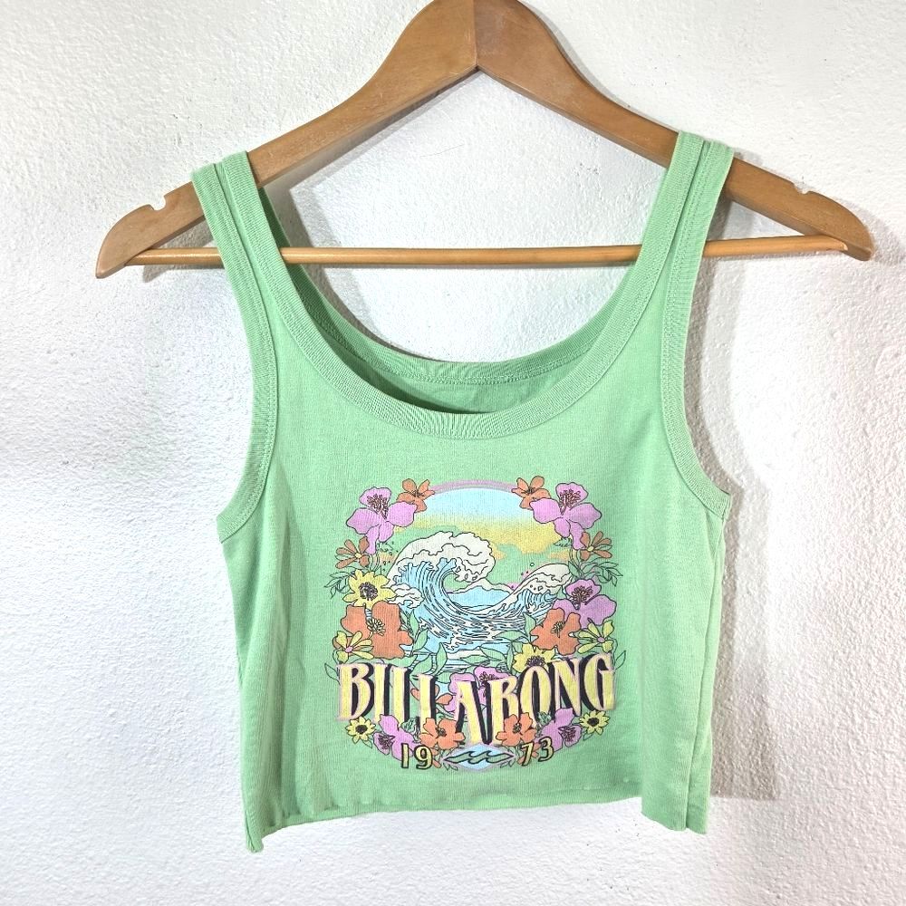 Women’s Billabong Mint Green Beach Graphic Cut Off Crop Tank Top Medium